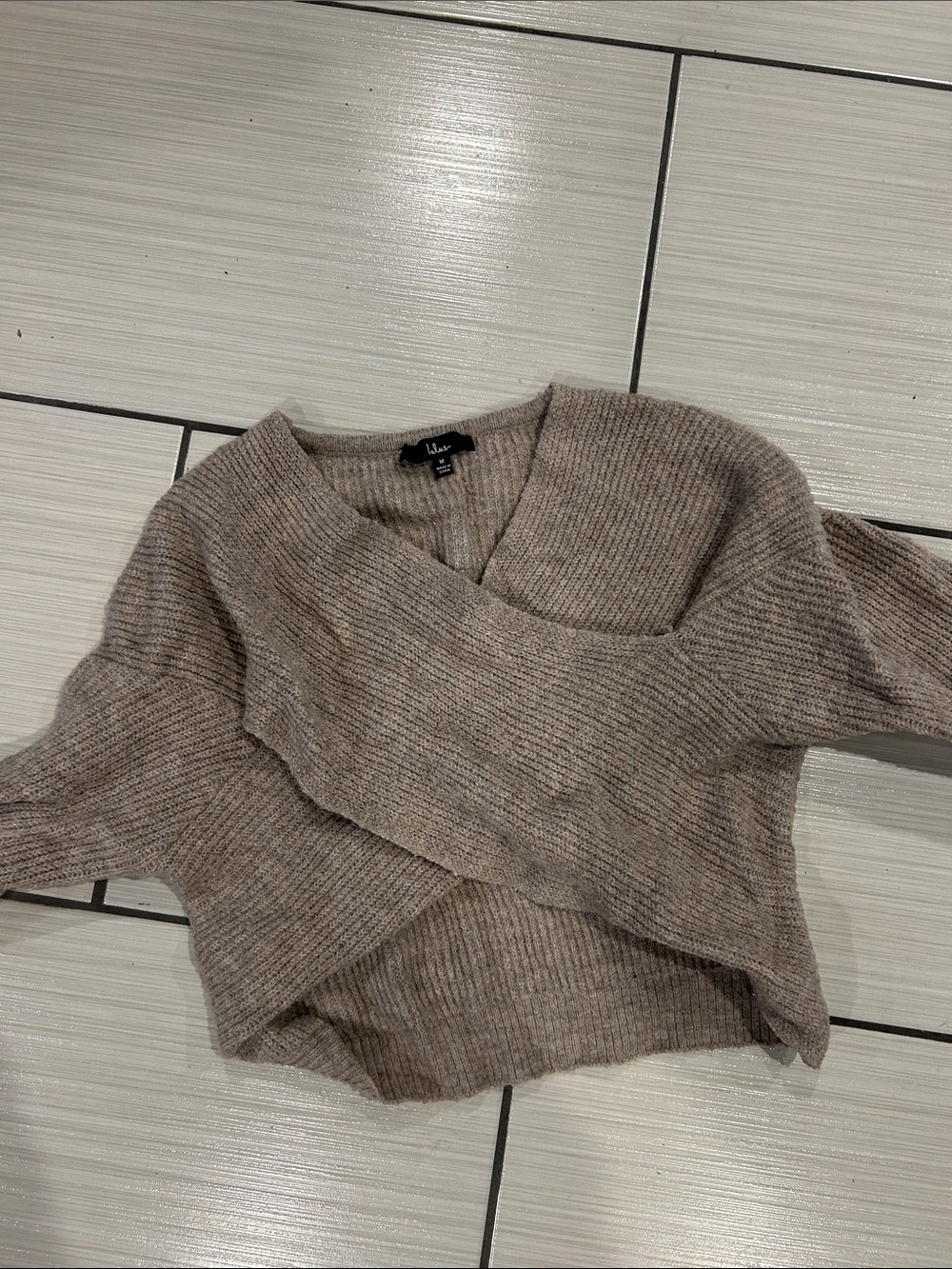 Lulu's Beige Taupe Ribbed Wrap V-Neck Sweater